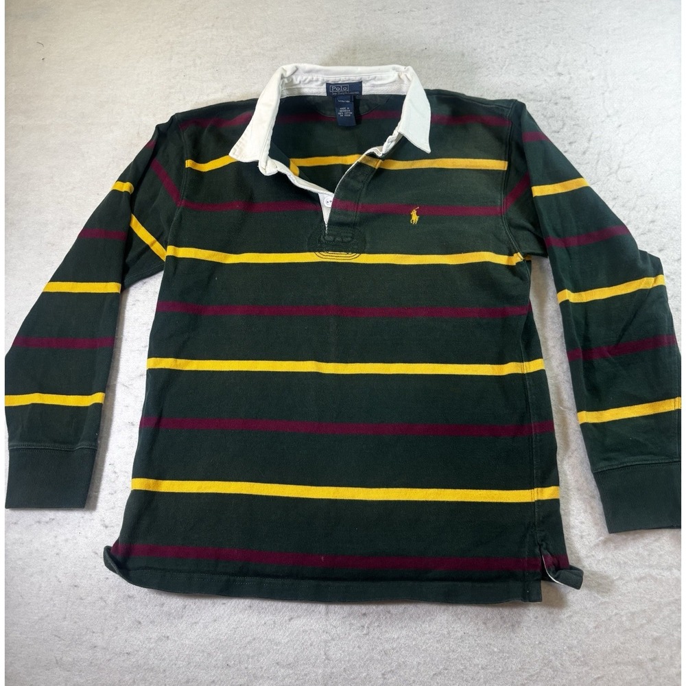 Polo Ralph Lauren Boys Sz L 16/18 Green Yellow Striped Rugby Shirt Long‎ Sleeve